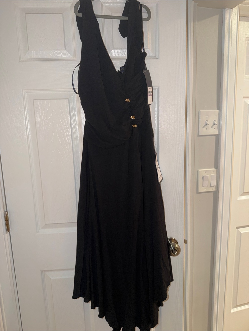 RACHEL Rachel Roy Black Sleeveless High-Low V-Neck Dress with Gold Accents